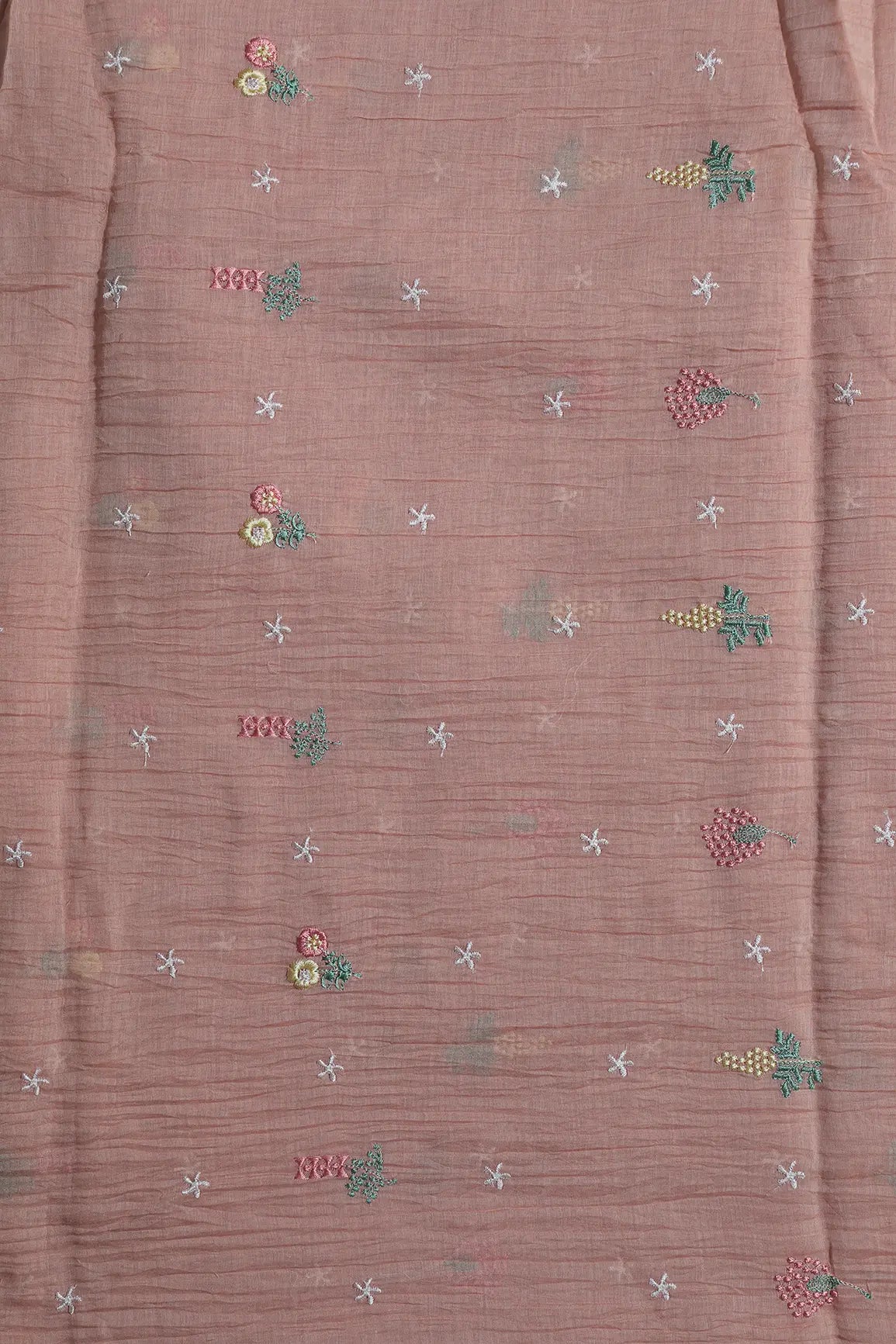 Elegant Multi Thread Floral Embroidery Work On Peach Pure Mul Chanderi Silk Fabric