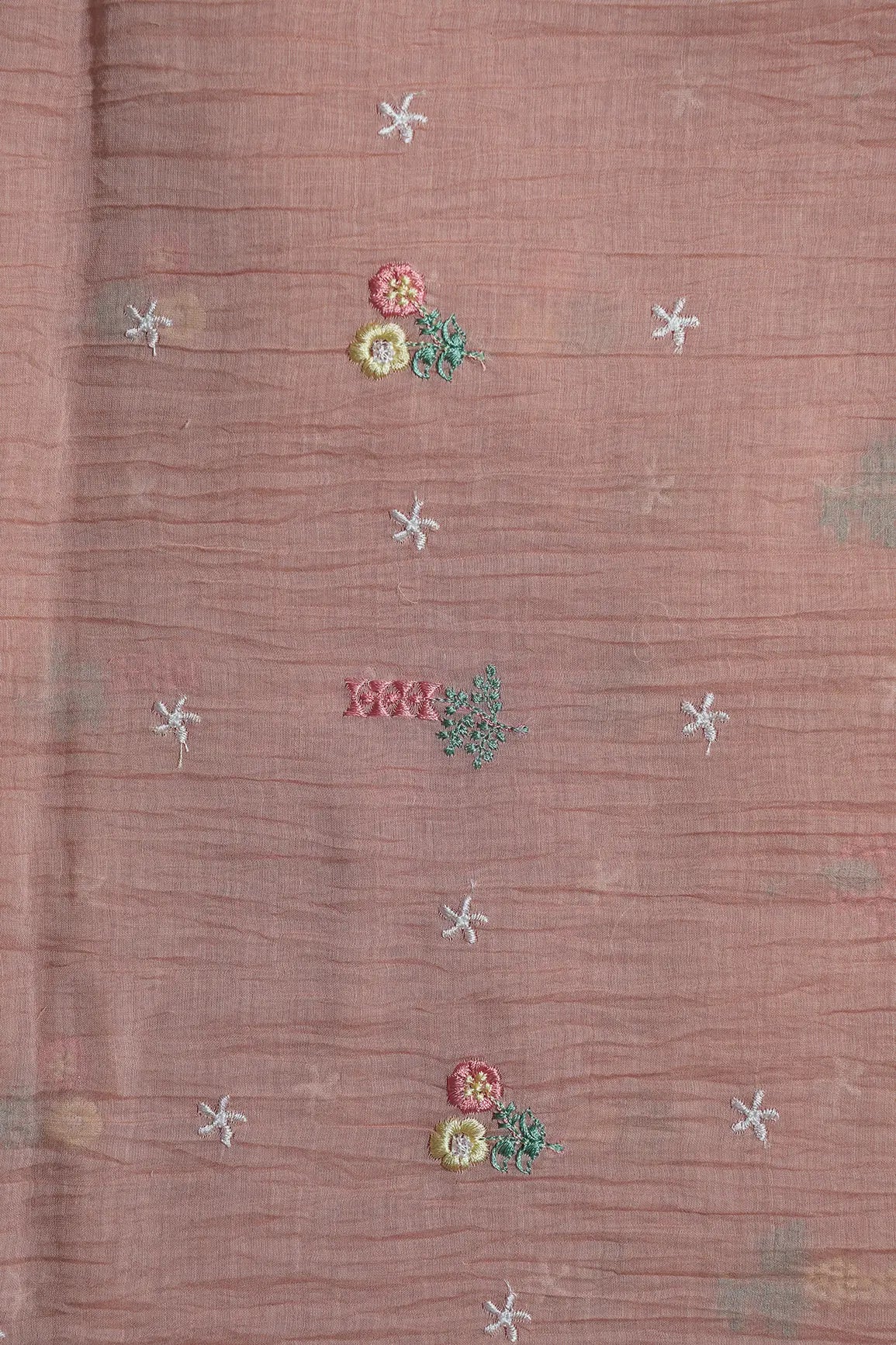 Elegant Multi Thread Floral Embroidery Work On Peach Pure Mul Chanderi Silk Fabric