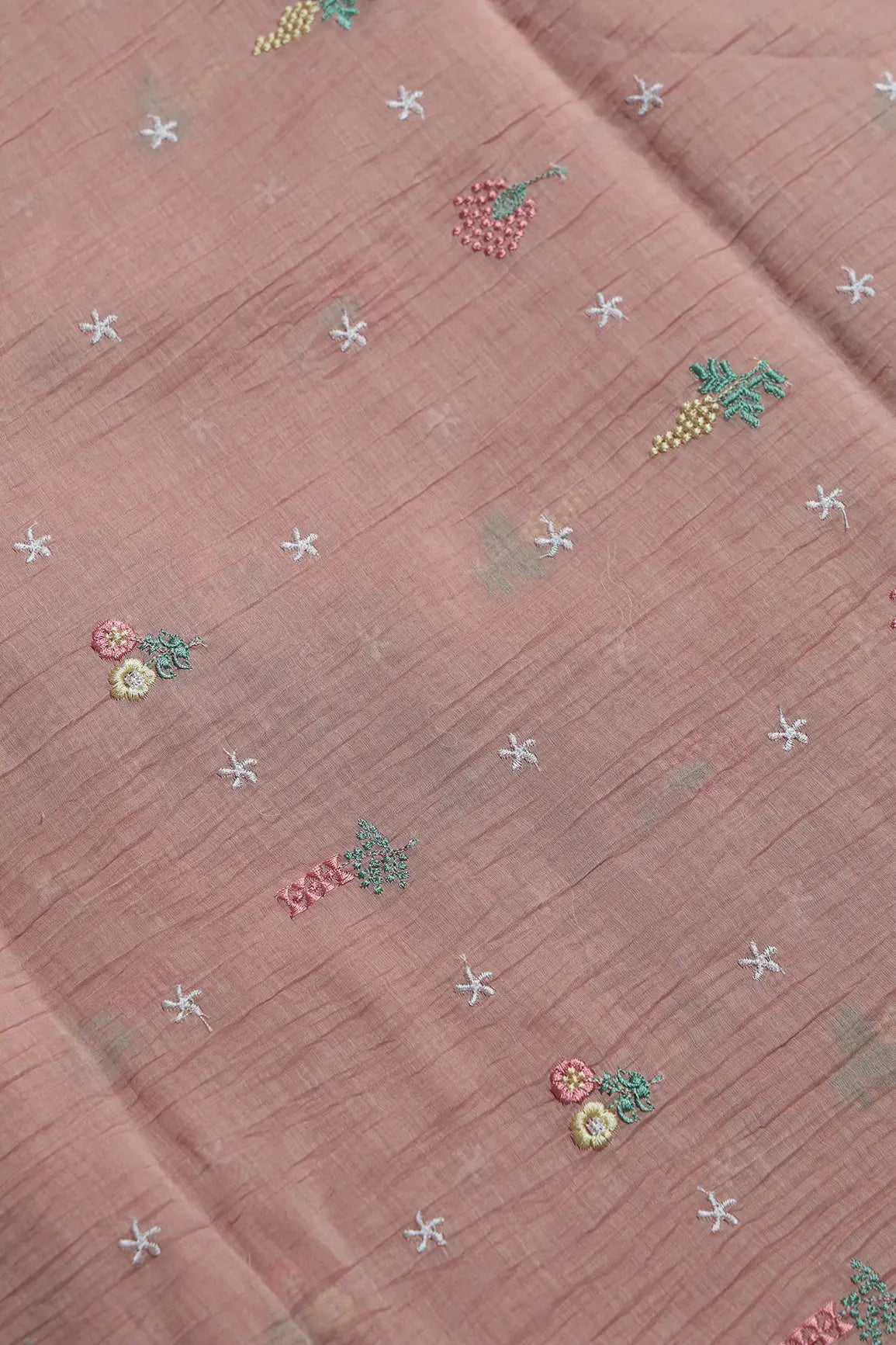 Elegant Multi Thread Floral Embroidery Work On Peach Pure Mul Chanderi Silk Fabric