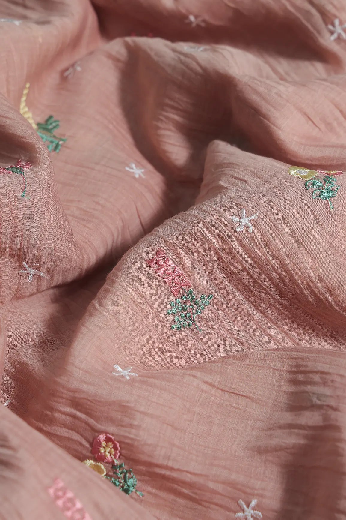 Elegant Multi Thread Floral Embroidery Work On Peach Pure Mul Chanderi Silk Fabric