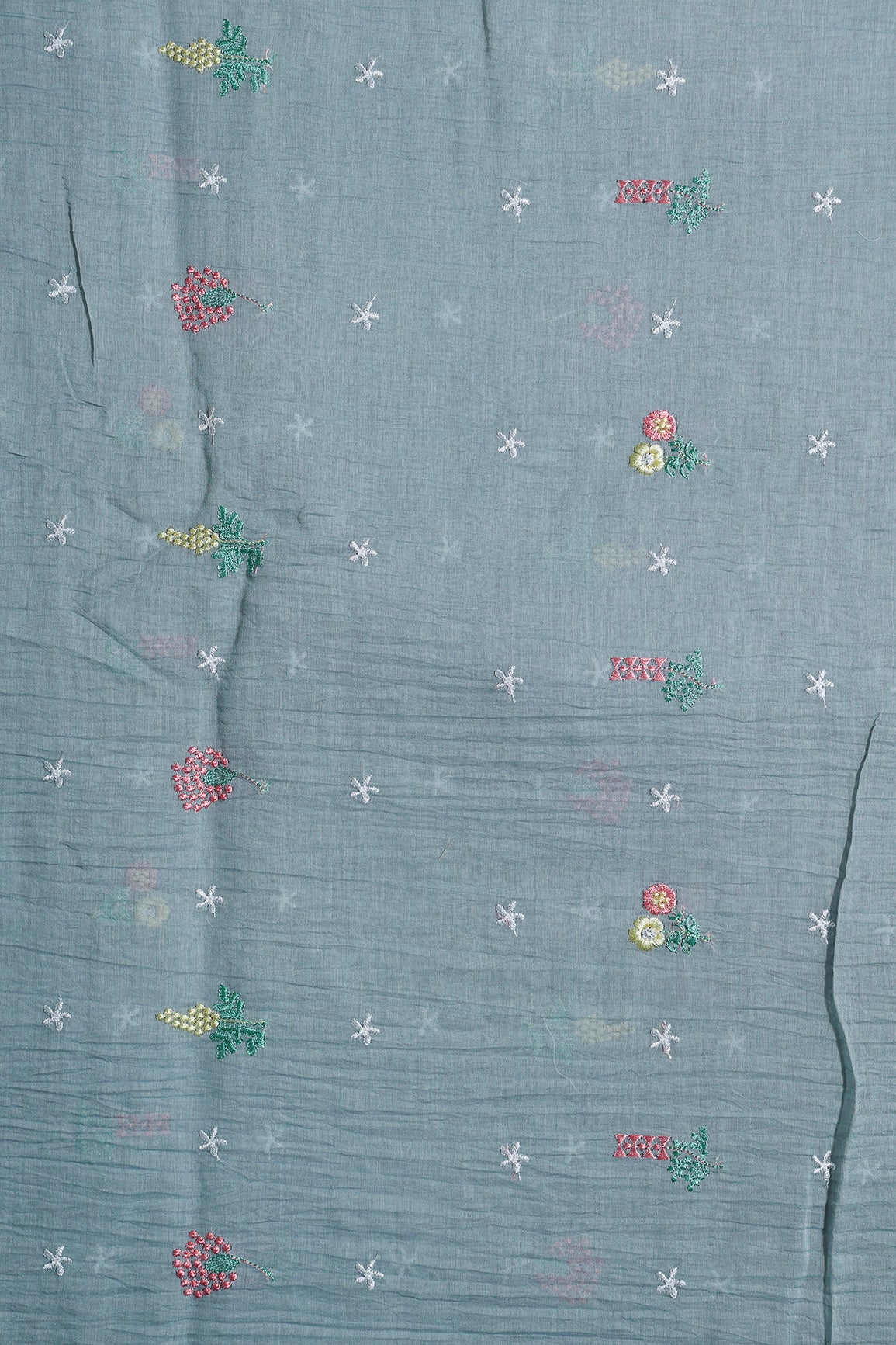Elegant Multi Thread Floral Embroidery Work On Tempered Grey Pure Mul Chanderi Silk Fabric