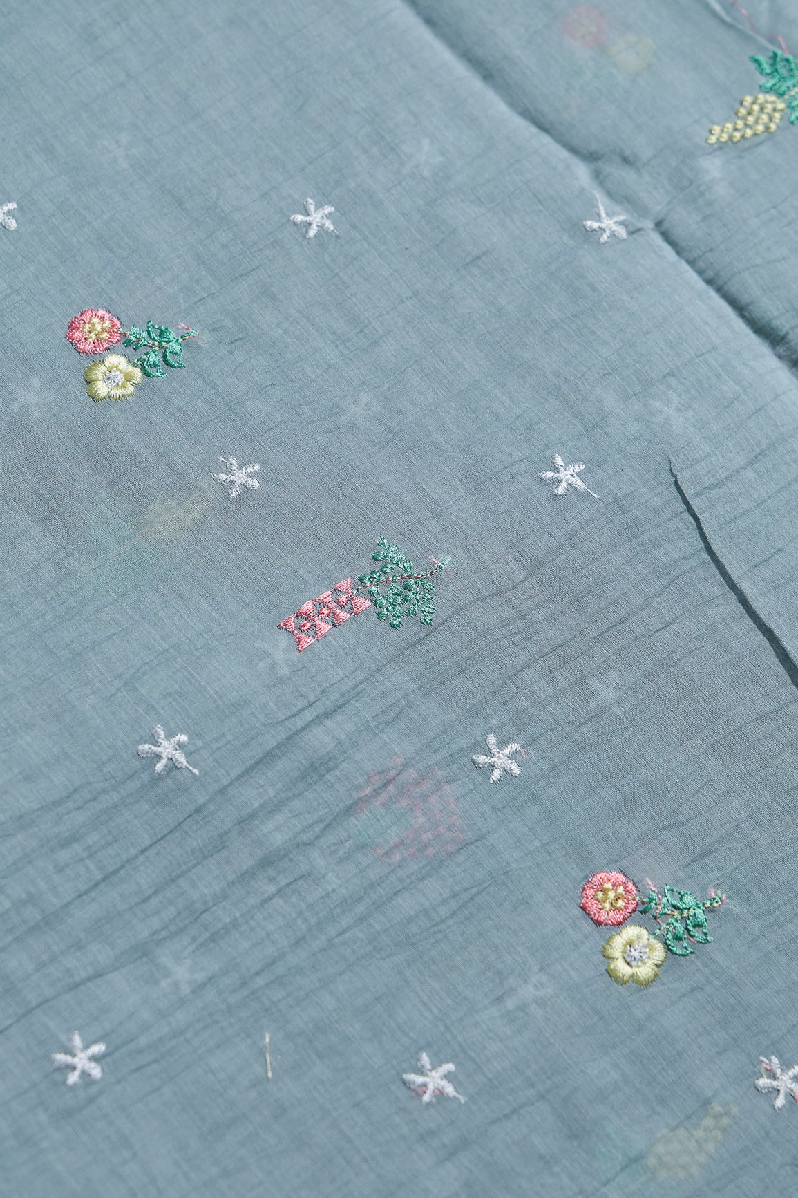 Elegant Multi Thread Floral Embroidery Work On Tempered Grey Pure Mul Chanderi Silk Fabric