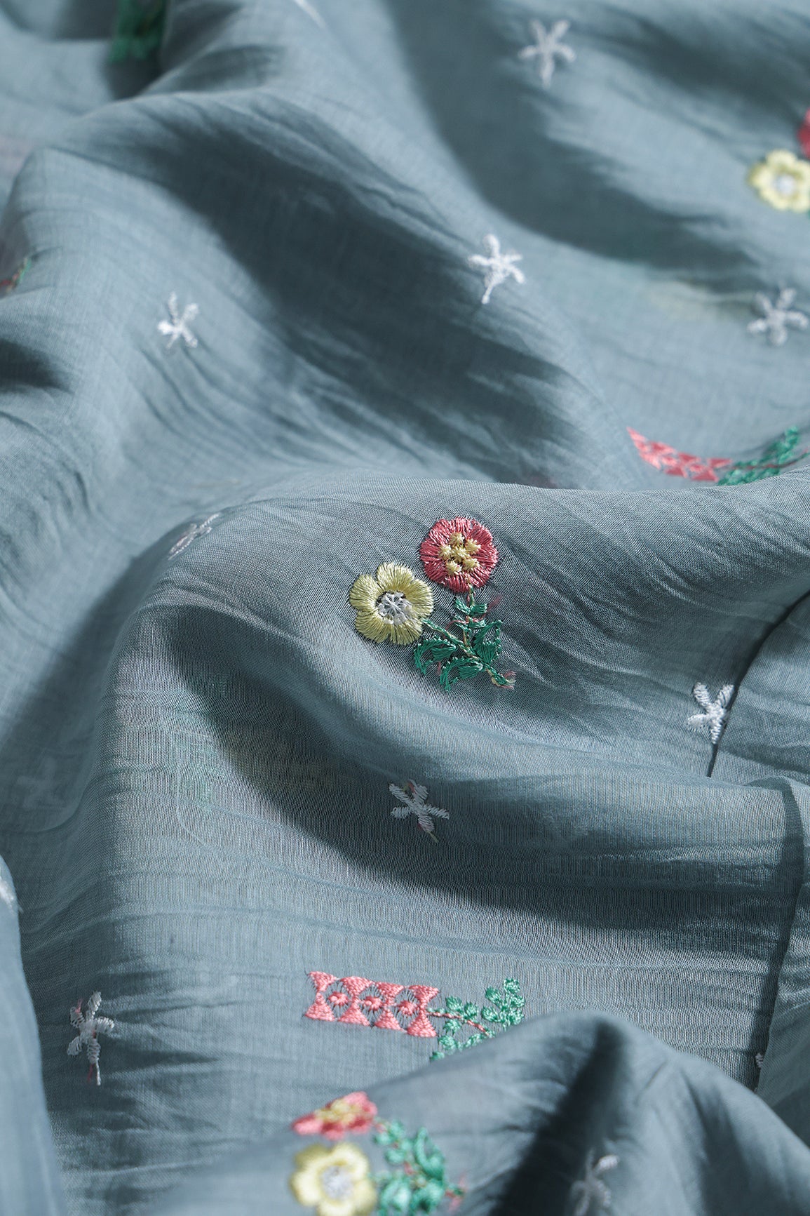 Elegant Multi Thread Floral Embroidery Work On Tempered Grey Pure Mul Chanderi Silk Fabric