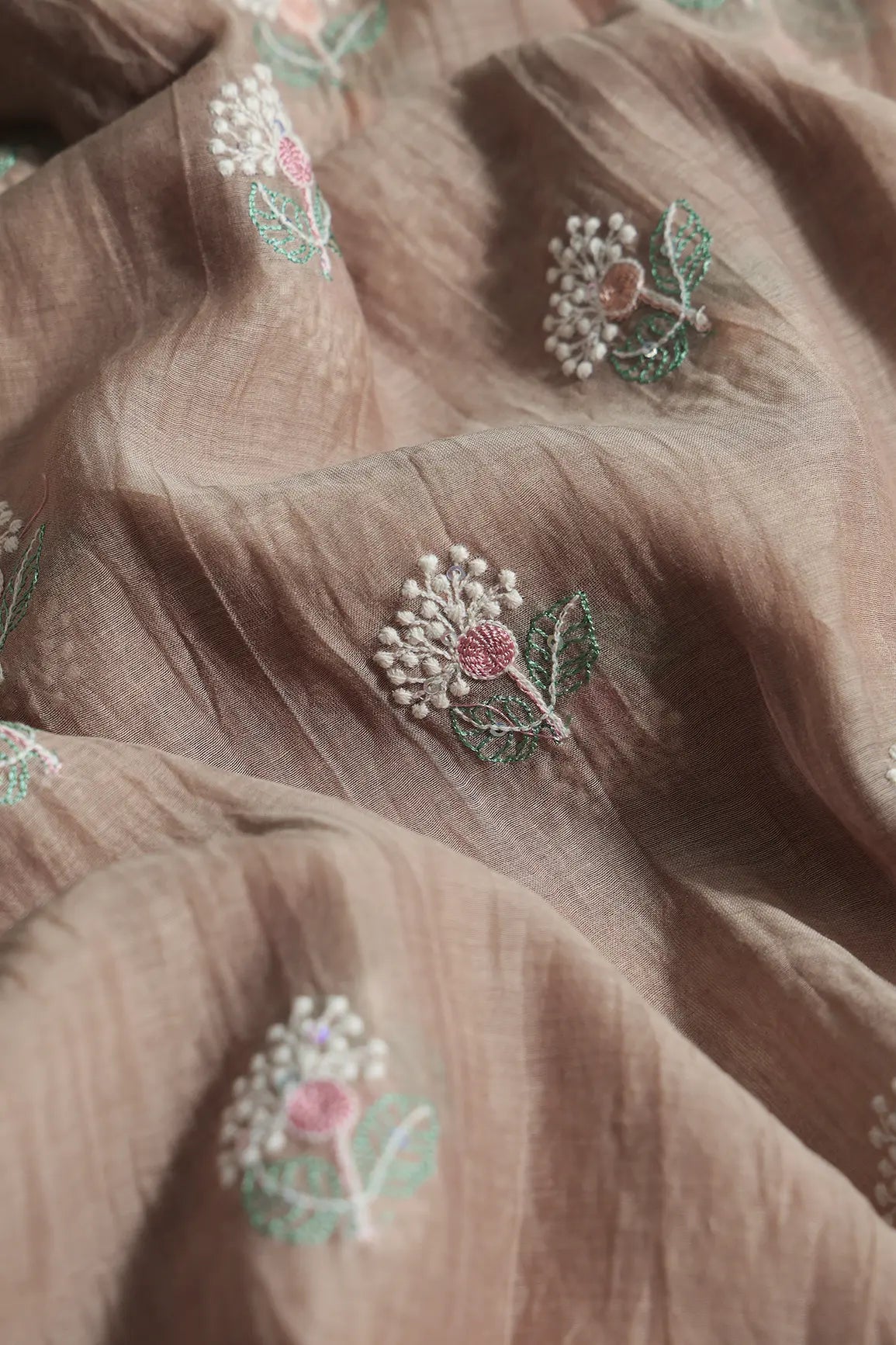 Beautiful Multi Thread With Multi Sequins Floral Embroidery Work On Light Brown Pure Mul Chanderi Silk Fabric