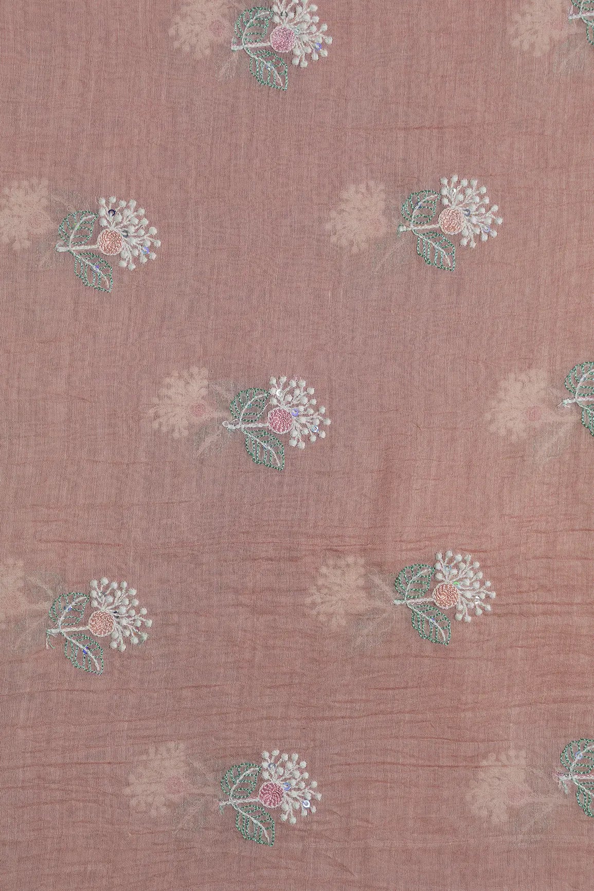 Beautiful Multi Thread With Multi Sequins Floral Embroidery Work On Peach Pure Mul Chanderi Silk Fabric