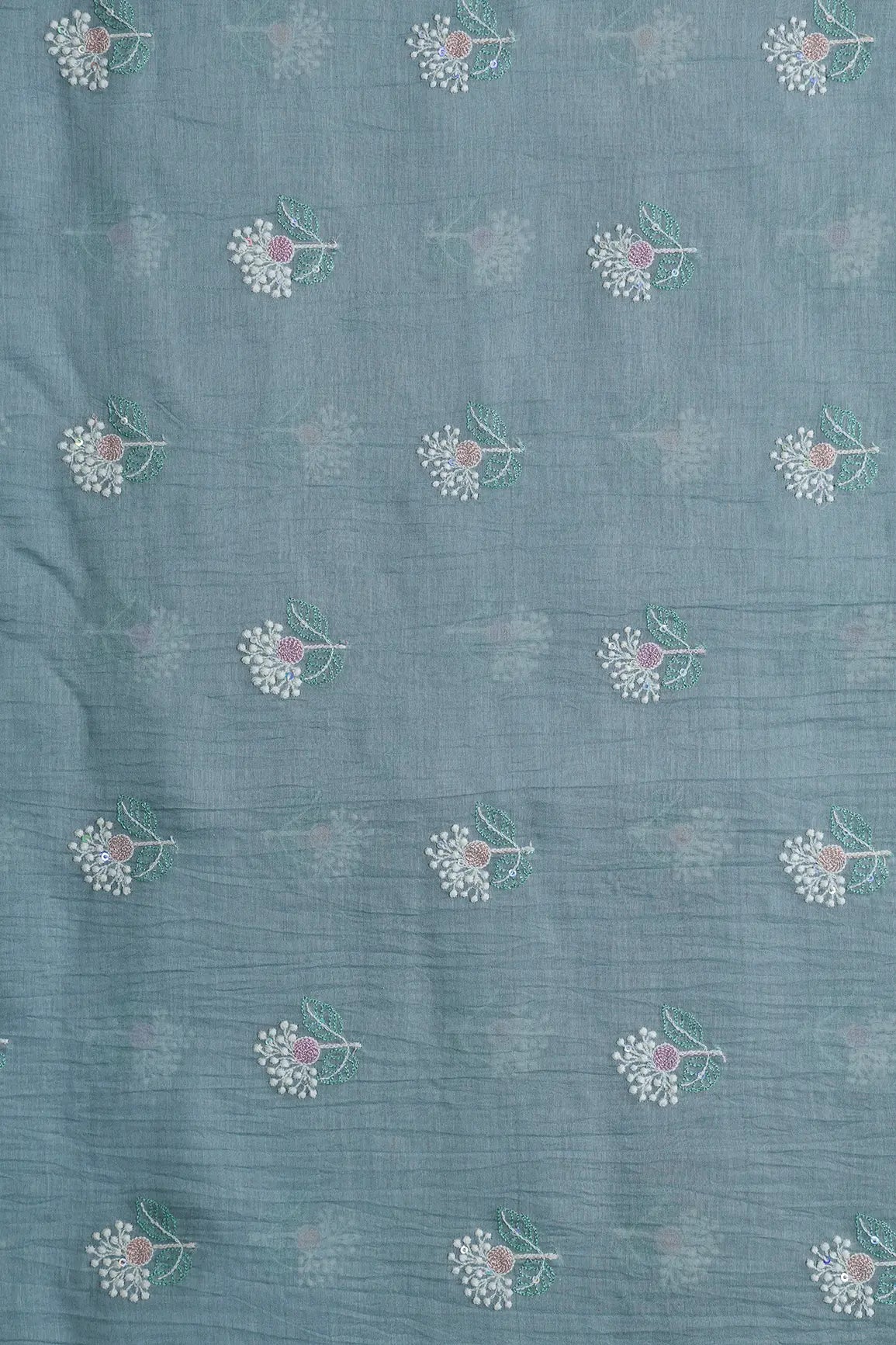 Beautiful Multi Thread With Multi Sequins Floral Embroidery Work On Tempered Grey Pure Mul Chanderi Silk Fabric