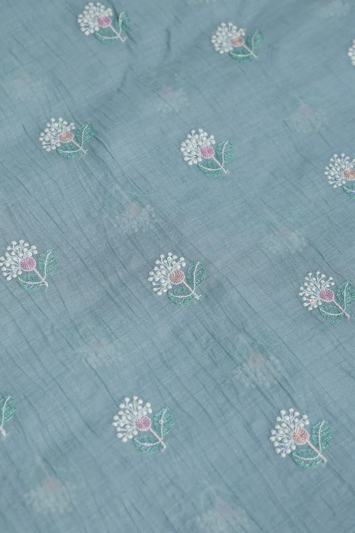 Beautiful Multi Thread With Multi Sequins Floral Embroidery Work On Tempered Grey Pure Mul Chanderi Silk Fabric