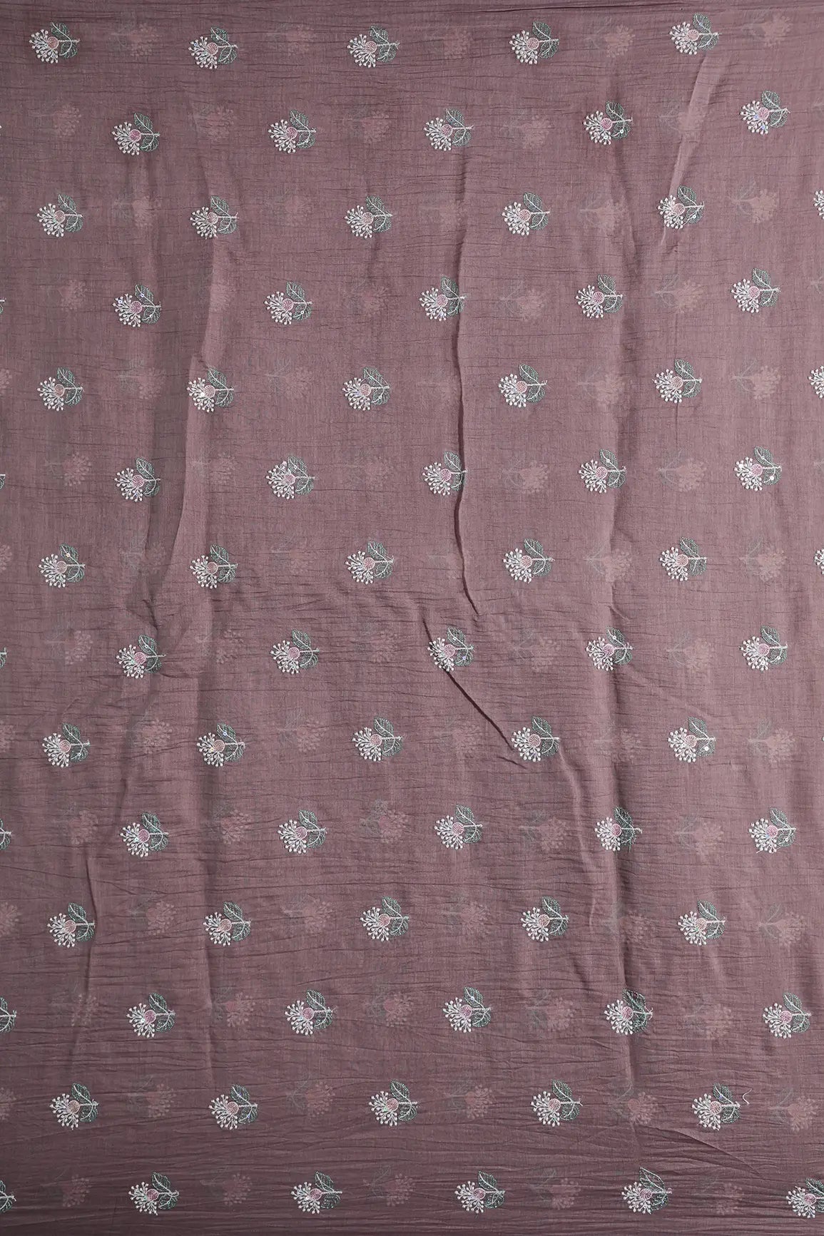 Beautiful Multi Thread With Multi Sequins Floral Embroidery Work On Dark Mauve Pure Mul Chanderi Silk Fabric
