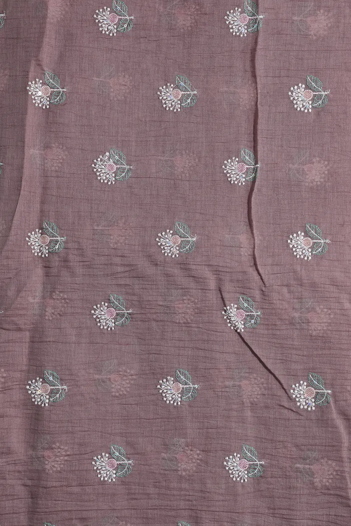 Beautiful Multi Thread With Multi Sequins Floral Embroidery Work On Dark Mauve Pure Mul Chanderi Silk Fabric