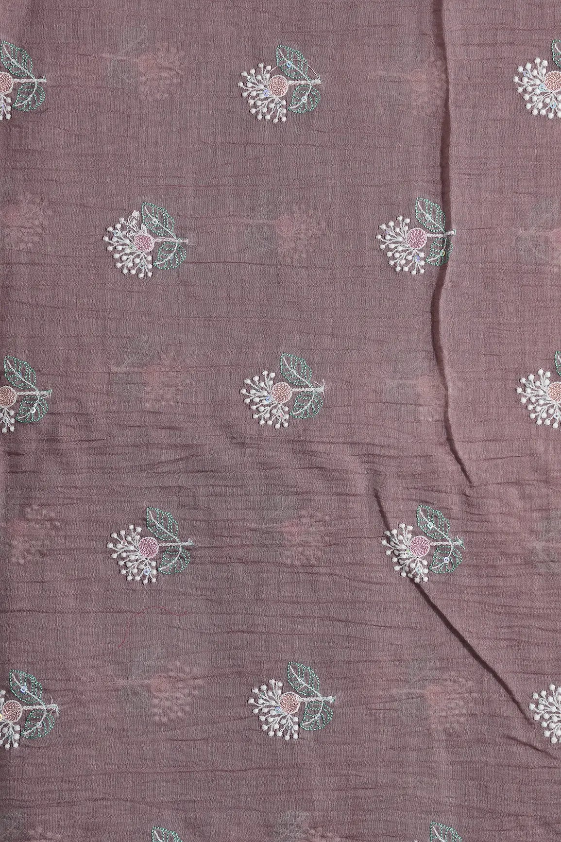 Beautiful Multi Thread With Multi Sequins Floral Embroidery Work On Dark Mauve Pure Mul Chanderi Silk Fabric