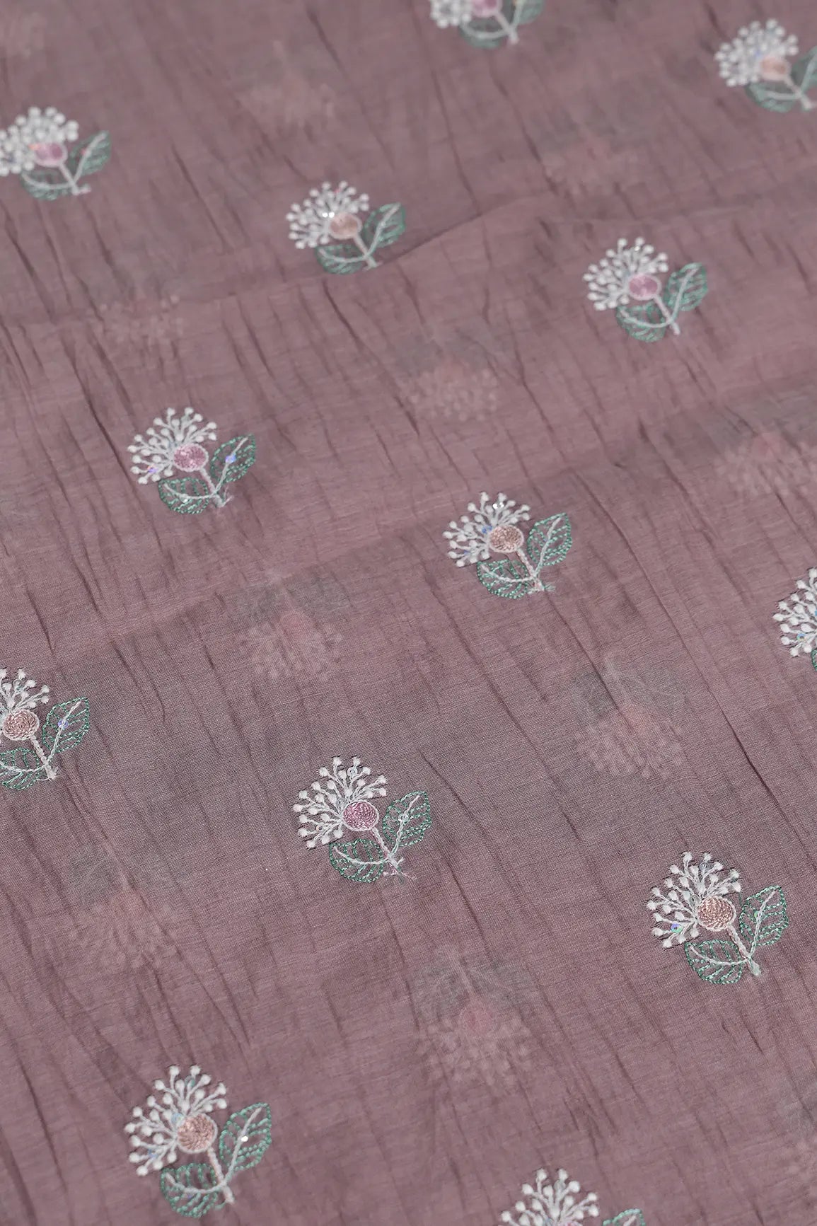 Beautiful Multi Thread With Multi Sequins Floral Embroidery Work On Dark Mauve Pure Mul Chanderi Silk Fabric