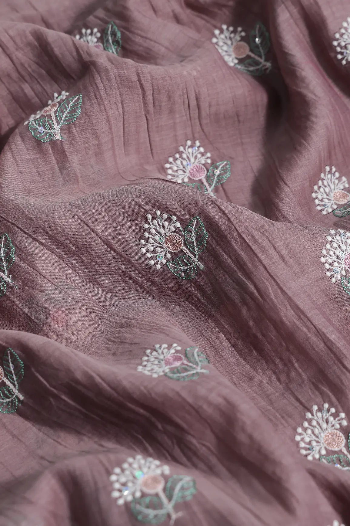 Beautiful Multi Thread With Multi Sequins Floral Embroidery Work On Dark Mauve Pure Mul Chanderi Silk Fabric