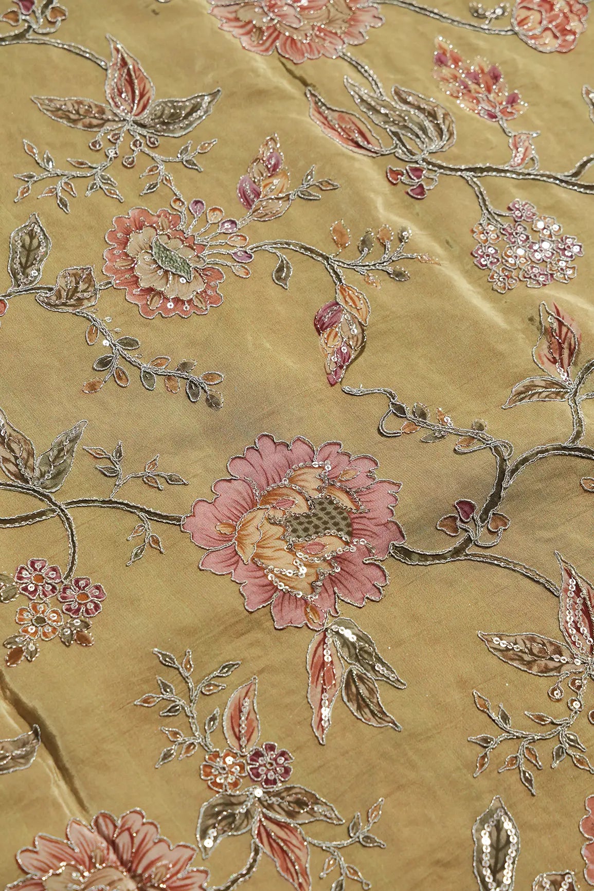 Zari With Sequins Floral Positional Print On Golden Tan Pure Crepe Fabric