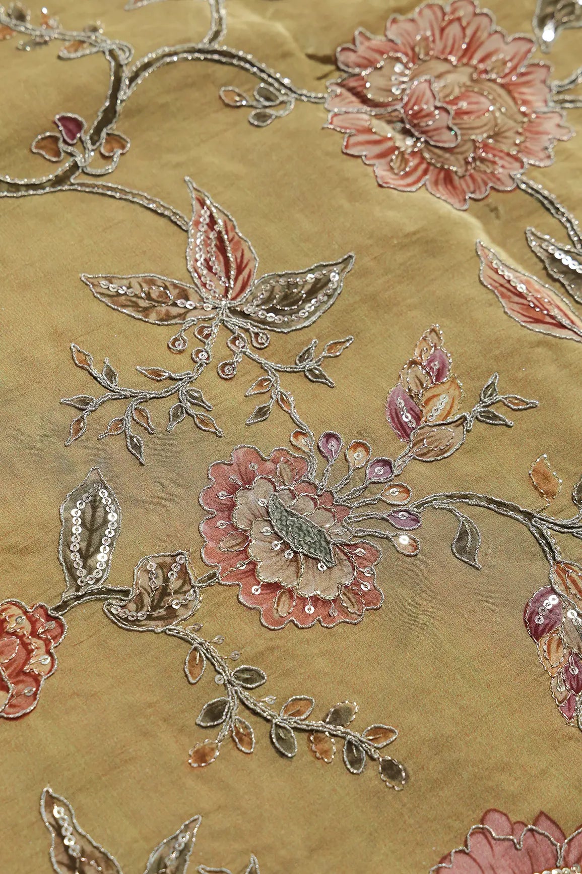 Zari With Sequins Floral Positional Print On Golden Tan Pure Crepe Fabric