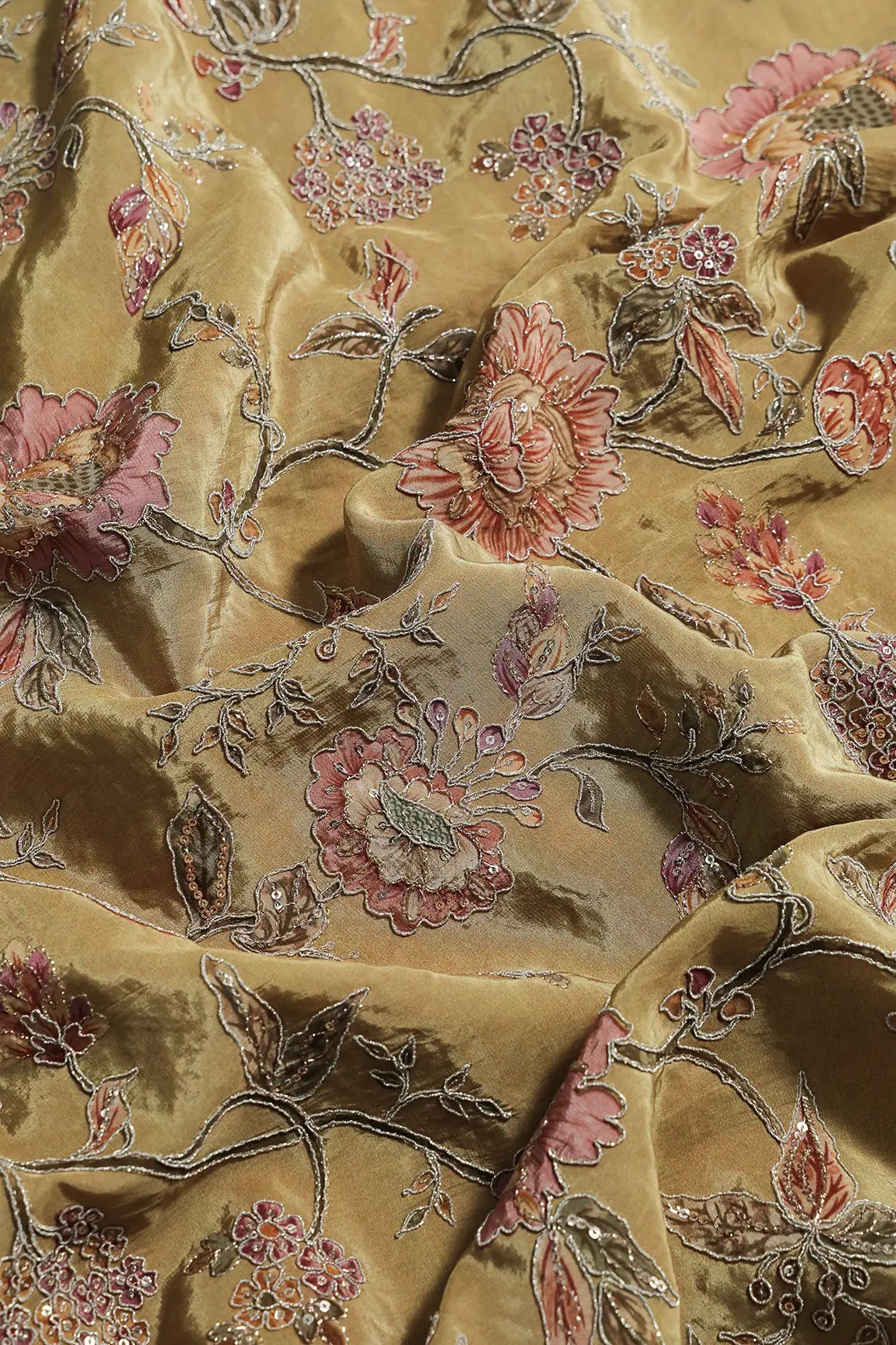 Zari With Sequins Floral Positional Print On Golden Tan Pure Crepe Fabric