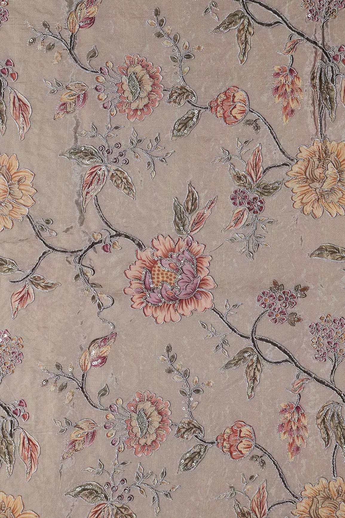 Zari With Sequins Floral Positional Print On Light Brown Pure Crepe Fabric