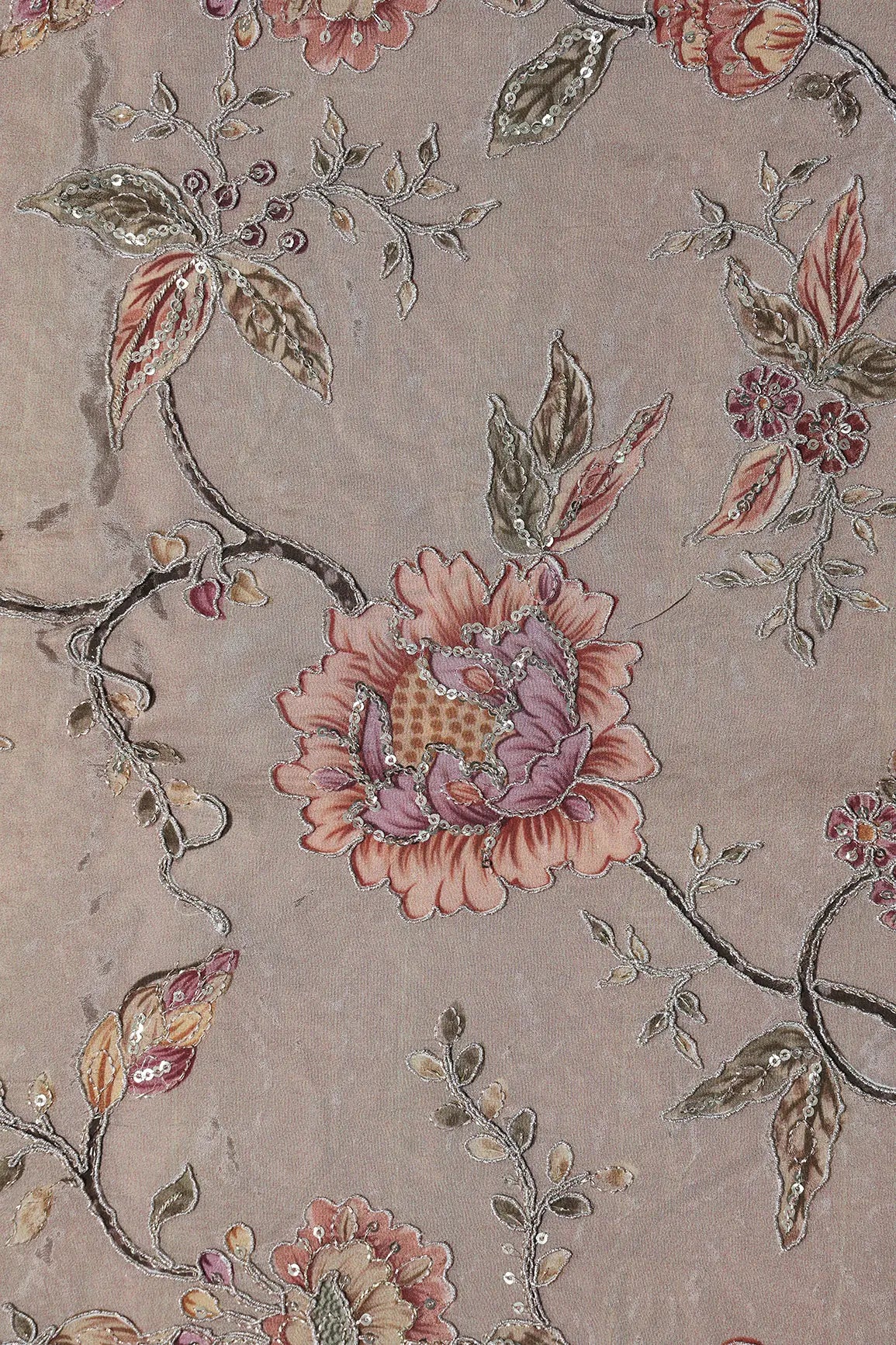 Zari With Sequins Floral Positional Print On Light Brown Pure Crepe Fabric