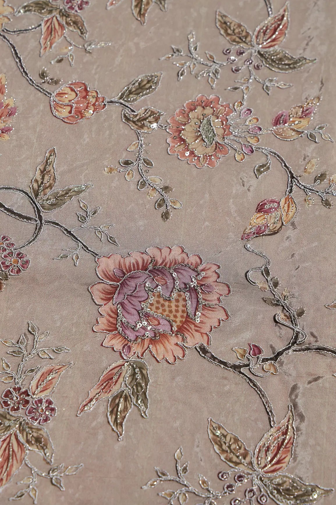 Zari With Sequins Floral Positional Print On Light Brown Pure Crepe Fabric