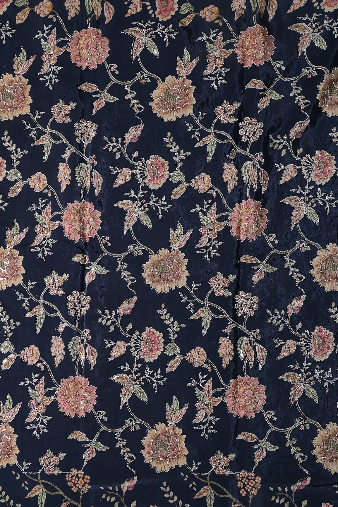 Zari With Sequins Floral Positional Print On Navy Blue Pure Crepe Fabric