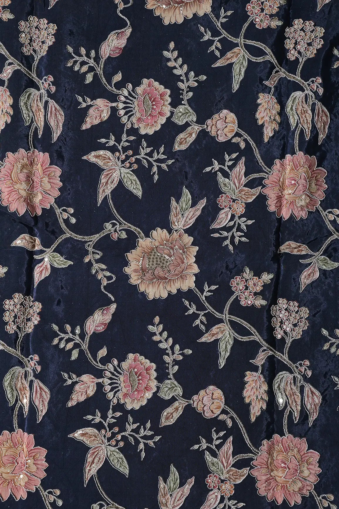 Zari With Sequins Floral Positional Print On Navy Blue Pure Crepe Fabric