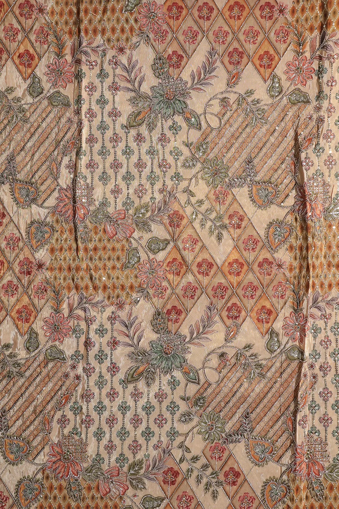 Floral Positional Print On Sequins With Zari Embroidery Work On Beige Viscose Zari Tissue Fabric