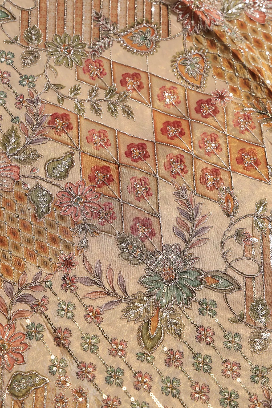 Floral Positional Print On Sequins With Zari Embroidery Work On Beige Viscose Zari Tissue Fabric