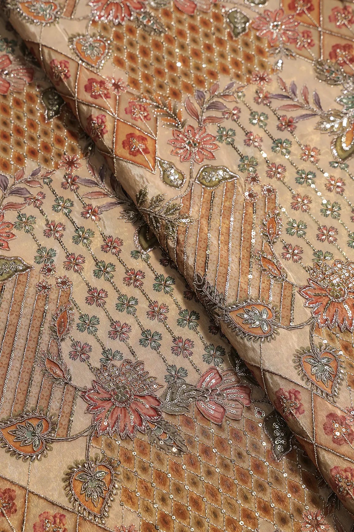 Floral Positional Print On Sequins With Zari Embroidery Work On Beige Viscose Zari Tissue Fabric