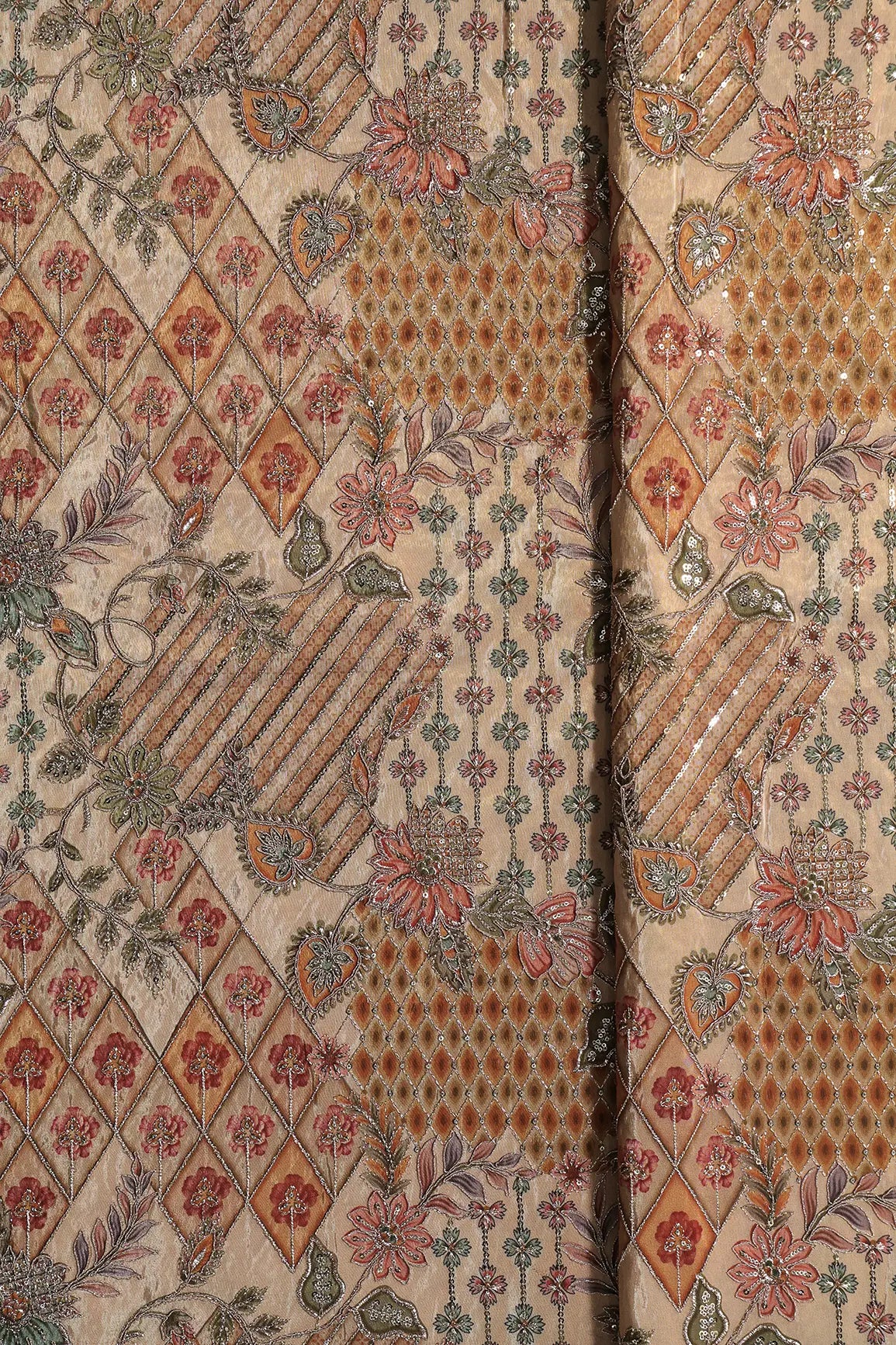 Floral Positional Print On Sequins With Zari Embroidery Work On Beige Viscose Zari Tissue Fabric