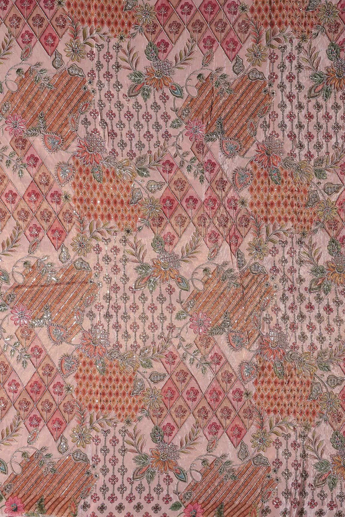 Floral Positional Print On Sequins With Zari Embroidery Work On Peach Viscose Zari Tissue Fabric