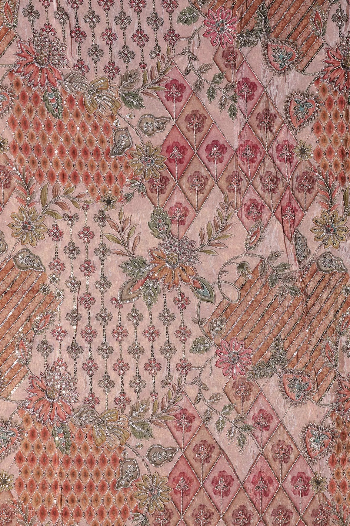Floral Positional Print On Sequins With Zari Embroidery Work On Peach Viscose Zari Tissue Fabric