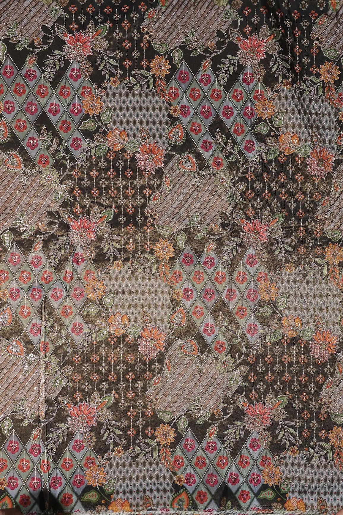 Floral Positional Print On Sequins With Zari Embroidery Work On Dark Mehendi Green Viscose Zari Tissue Fabric