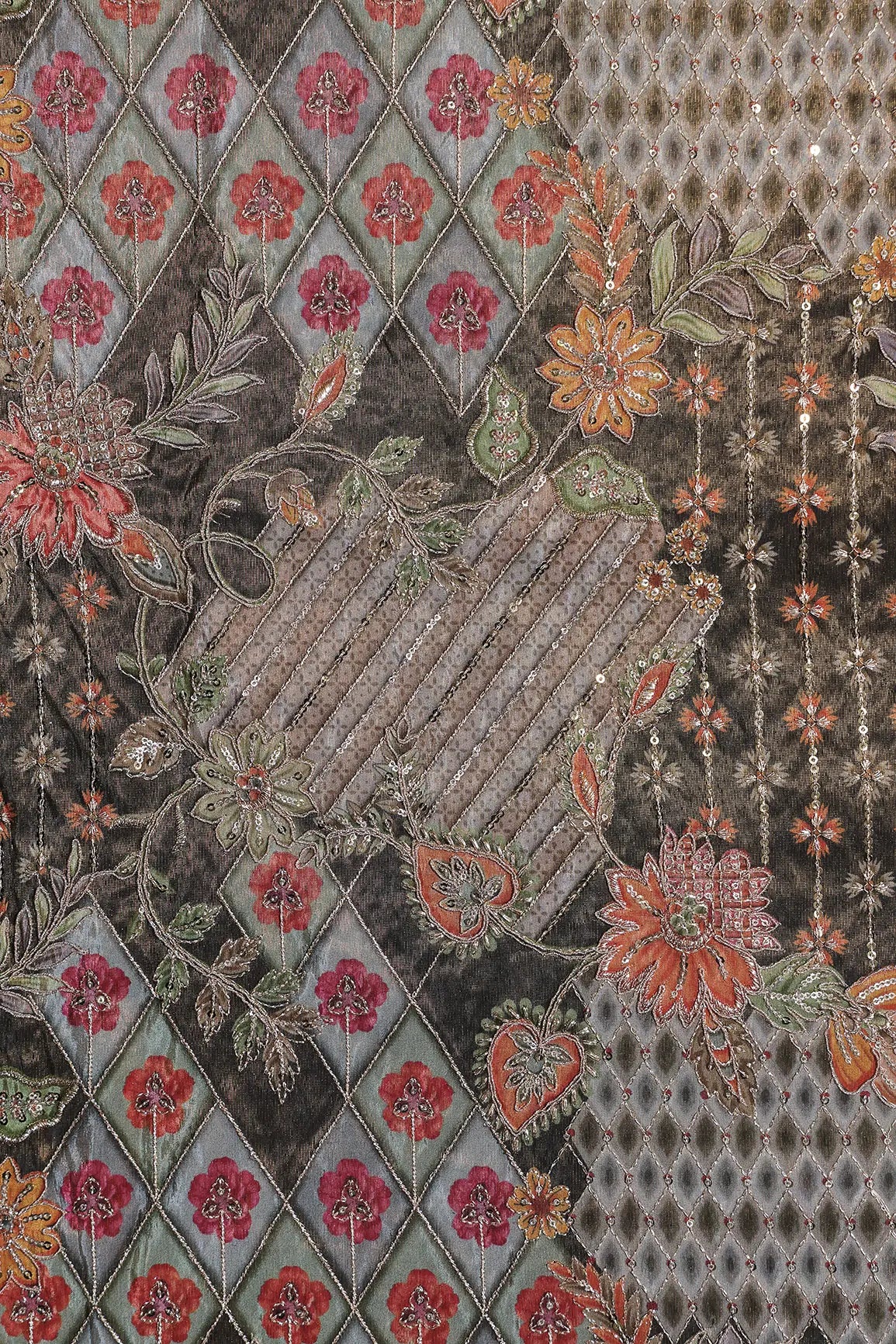 Floral Positional Print On Sequins With Zari Embroidery Work On Dark Mehendi Green Viscose Zari Tissue Fabric