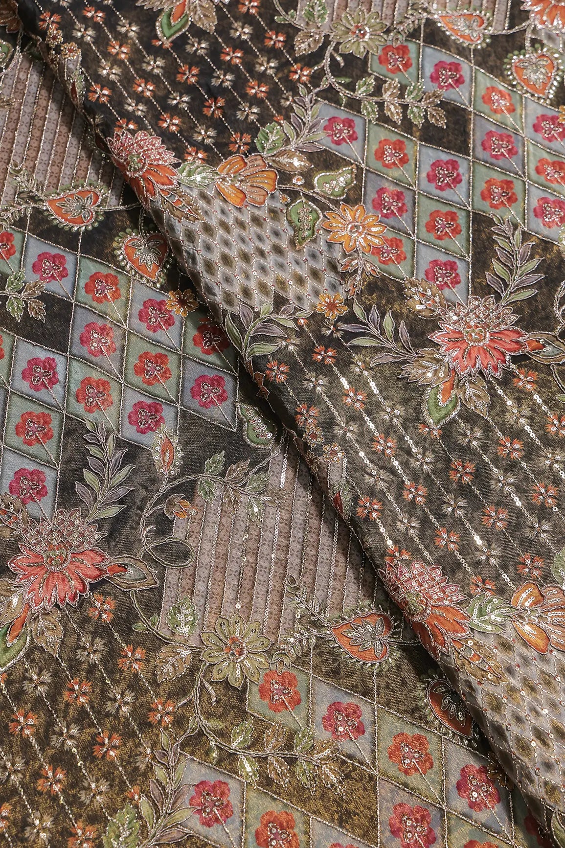 Floral Positional Print On Sequins With Zari Embroidery Work On Dark Mehendi Green Viscose Zari Tissue Fabric