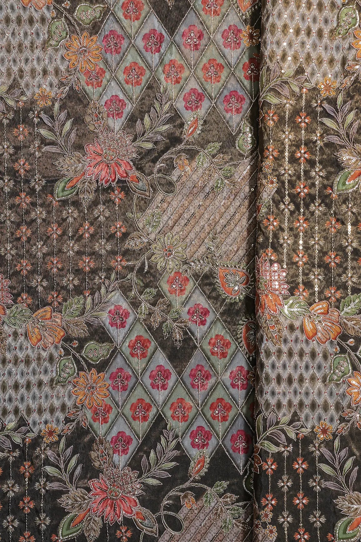 Floral Positional Print On Sequins With Zari Embroidery Work On Dark Mehendi Green Viscose Zari Tissue Fabric