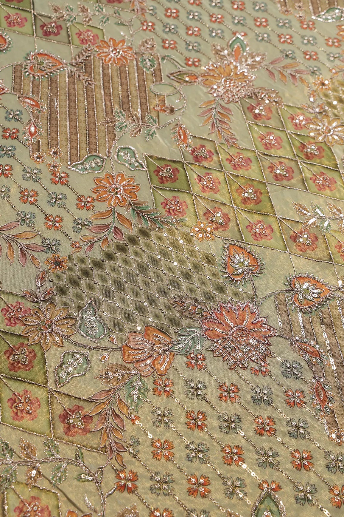 Floral Positional Print On Sequins With Zari Embroidery Work On Olive Green Viscose Zari Tissue Fabric