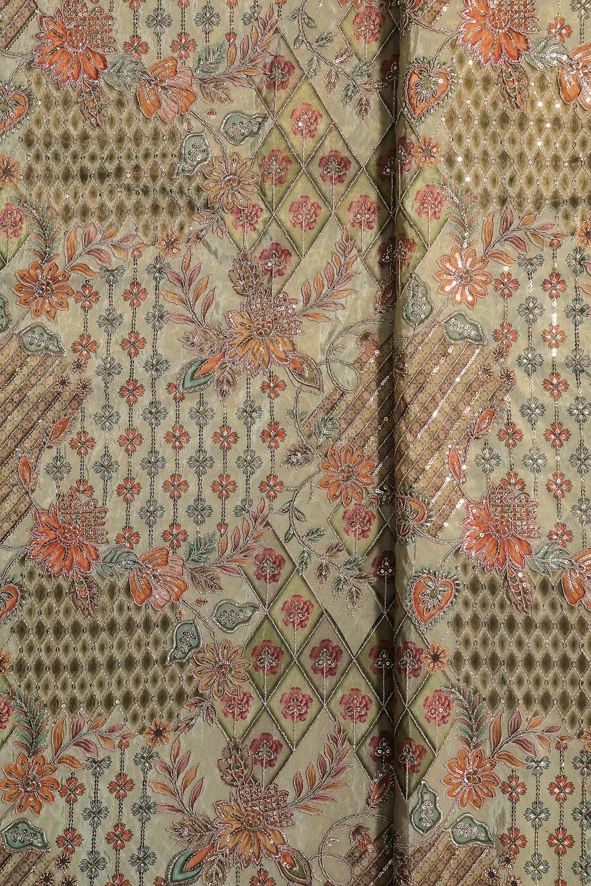 Floral Positional Print On Sequins With Zari Embroidery Work On Olive Green Viscose Zari Tissue Fabric