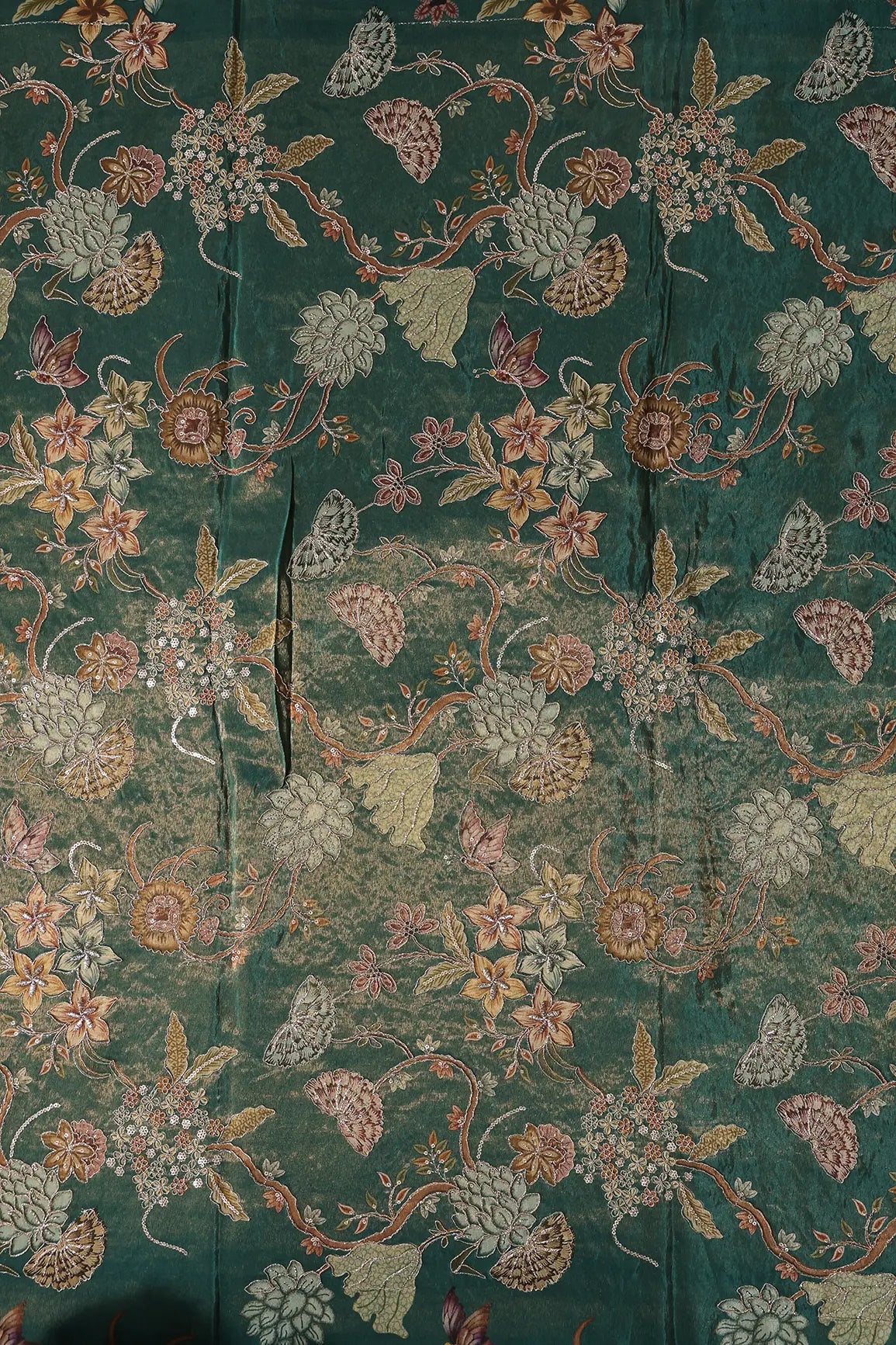 Floral Positional Print On Sequins With Zari Embroidery Peacock Green Shiny Viscose Zari Tissue Fabric