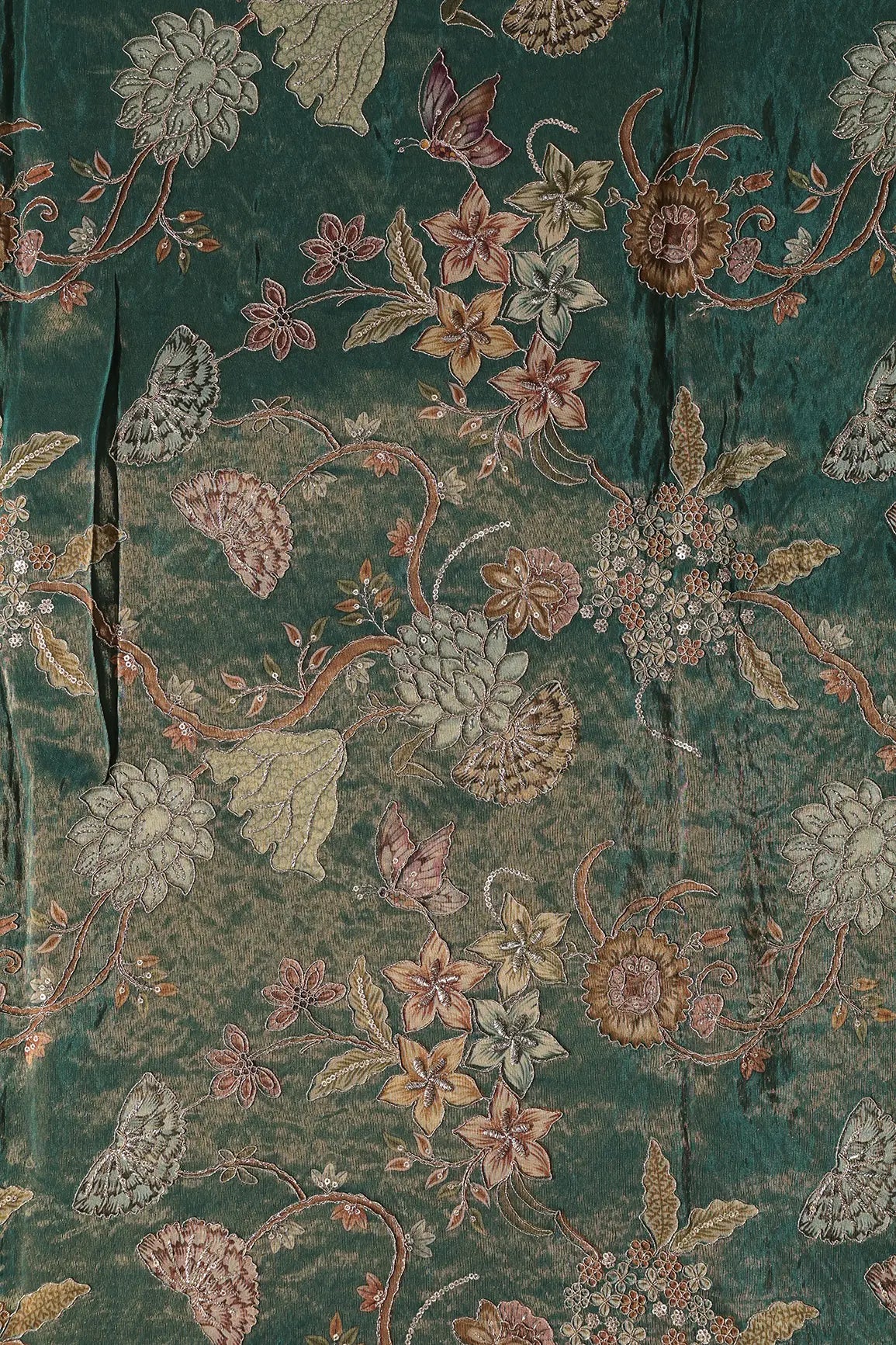 Floral Positional Print On Sequins With Zari Embroidery Peacock Green Shiny Viscose Zari Tissue Fabric