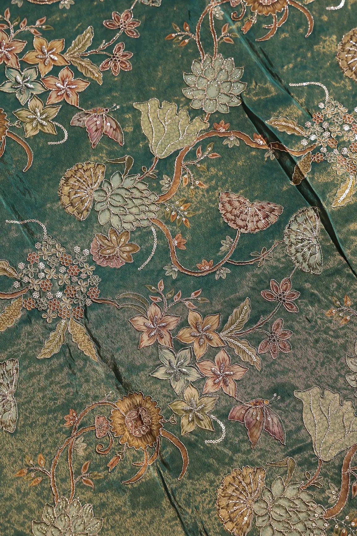 Floral Positional Print On Sequins With Zari Embroidery Peacock Green Shiny Viscose Zari Tissue Fabric
