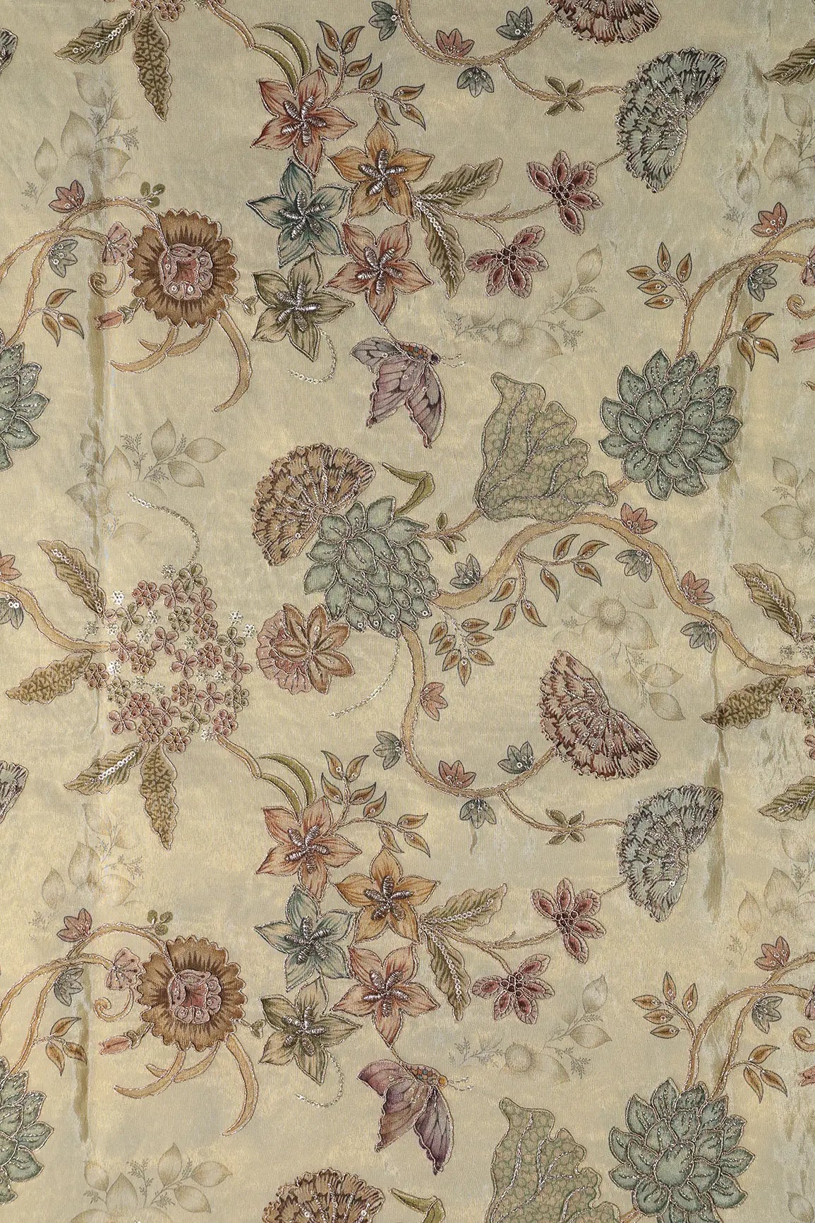 Floral Positional Print On Sequins With Zari Embroidery Cream Shiny Viscose Zari Tissue Fabric