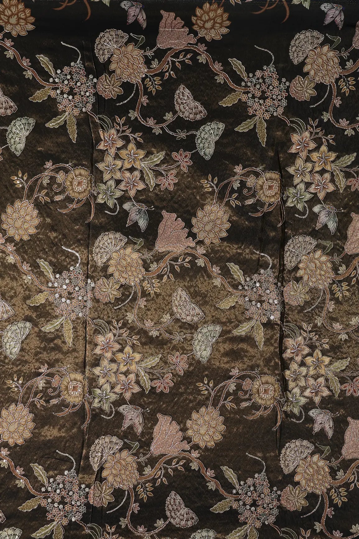 Floral Positional Print On Sequins With Zari Embroidery Dark Mehendi Green Shiny Viscose Zari Tissue Fabric