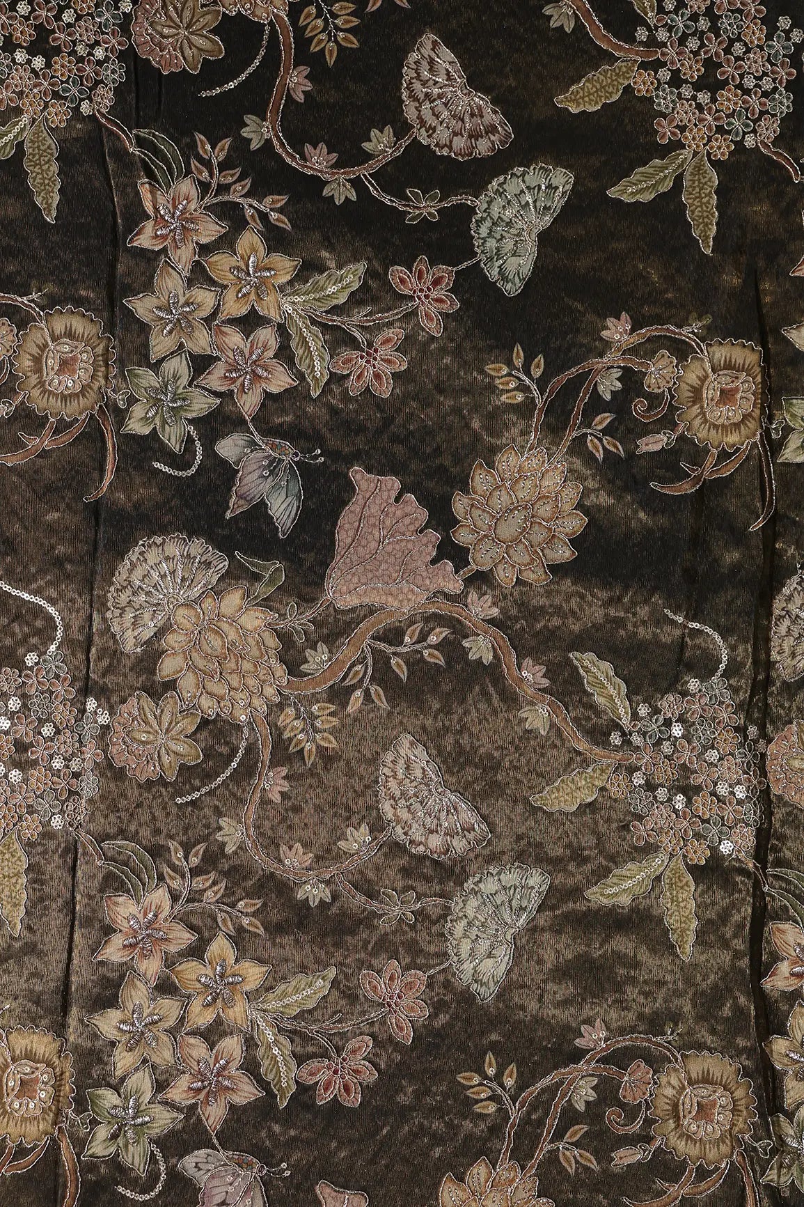 Floral Positional Print On Sequins With Zari Embroidery Dark Mehendi Green Shiny Viscose Zari Tissue Fabric