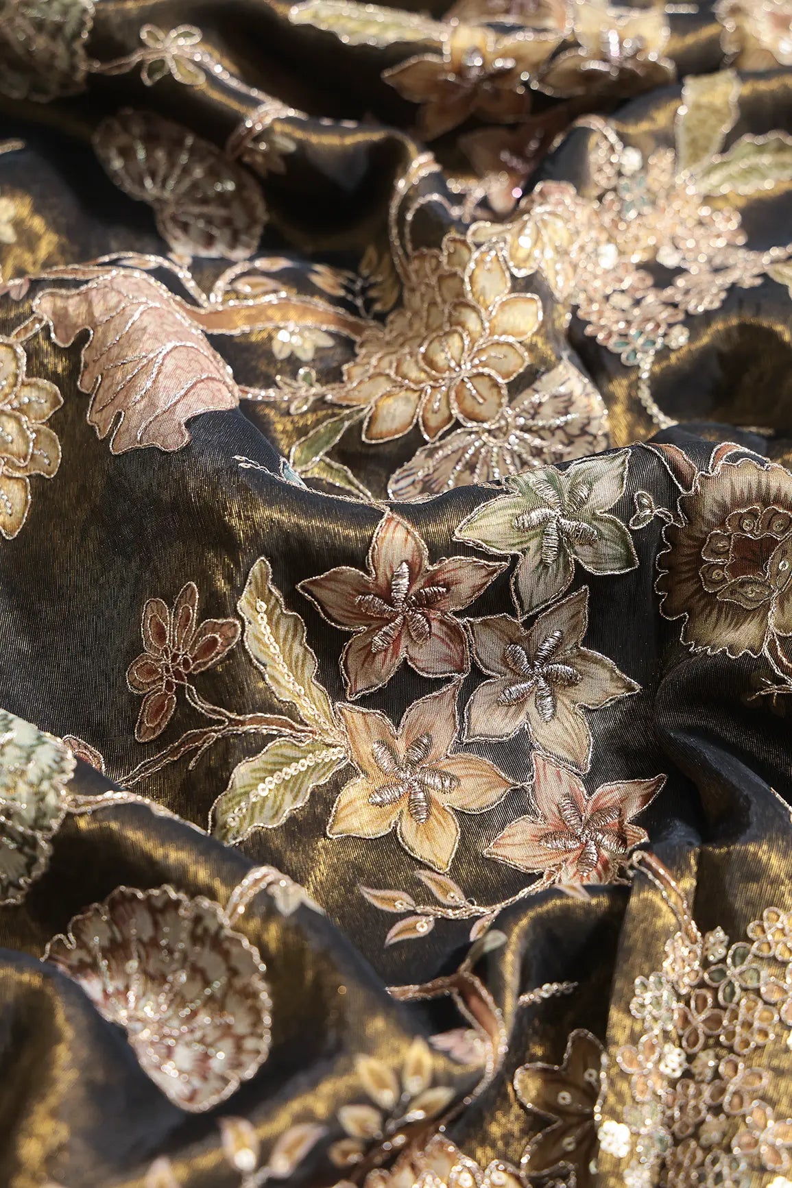 Floral Positional Print On Sequins With Zari Embroidery Dark Mehendi Green Shiny Viscose Zari Tissue Fabric