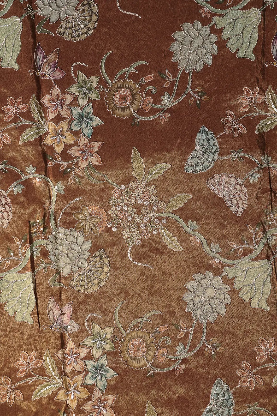 Floral Positional Print On Sequins With Zari Embroidery Copper Shiny Viscose Zari Tissue Fabric