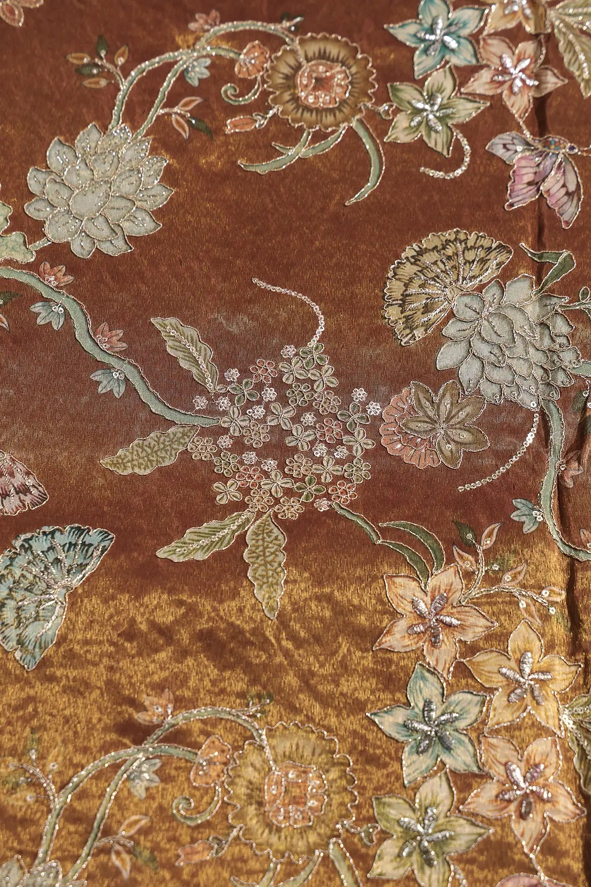 Floral Positional Print On Sequins With Zari Embroidery Copper Shiny Viscose Zari Tissue Fabric
