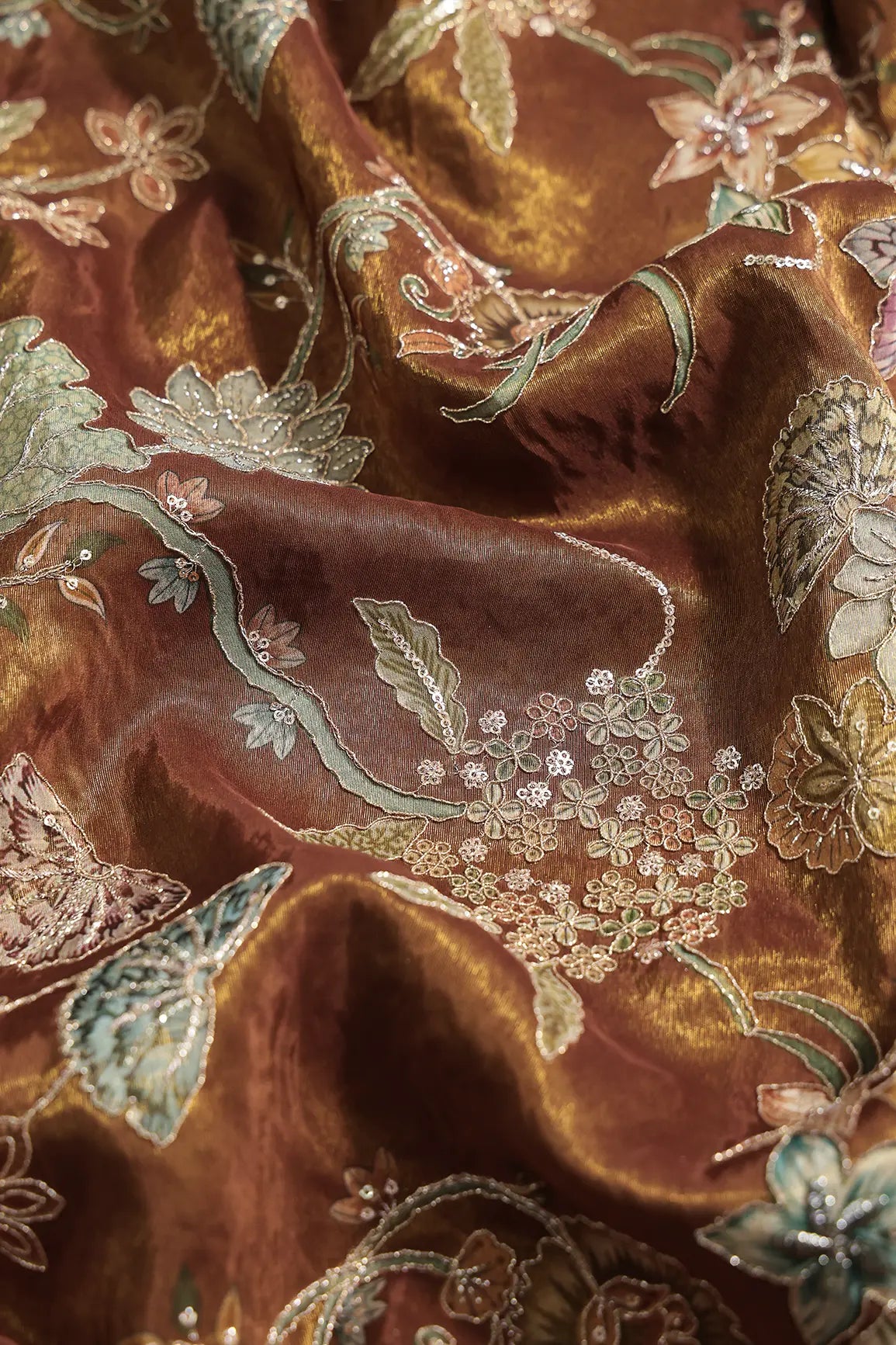 Floral Positional Print On Sequins With Zari Embroidery Copper Shiny Viscose Zari Tissue Fabric