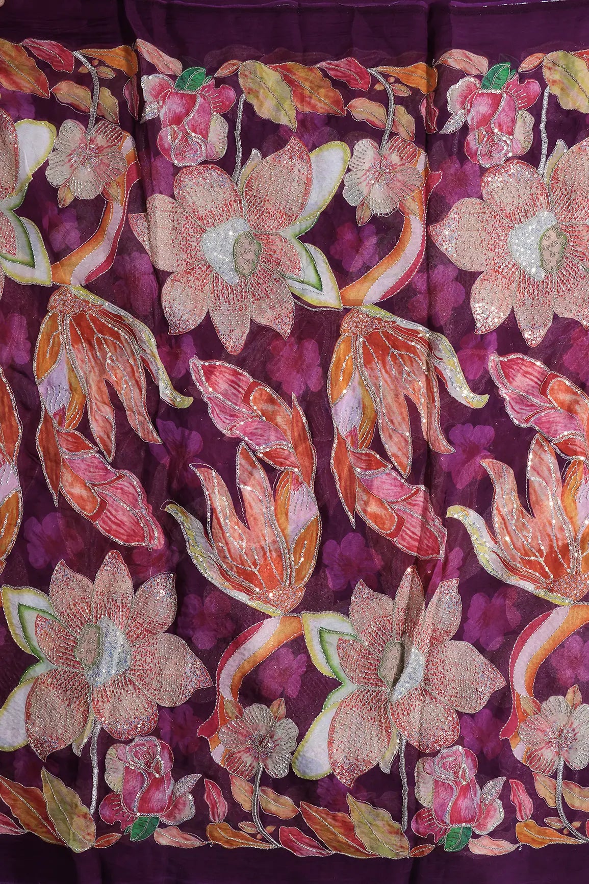 Floral Positional Print On Gold Beads Sequins With Zari Embroidery Work On Wine Viscose Organza Fabric