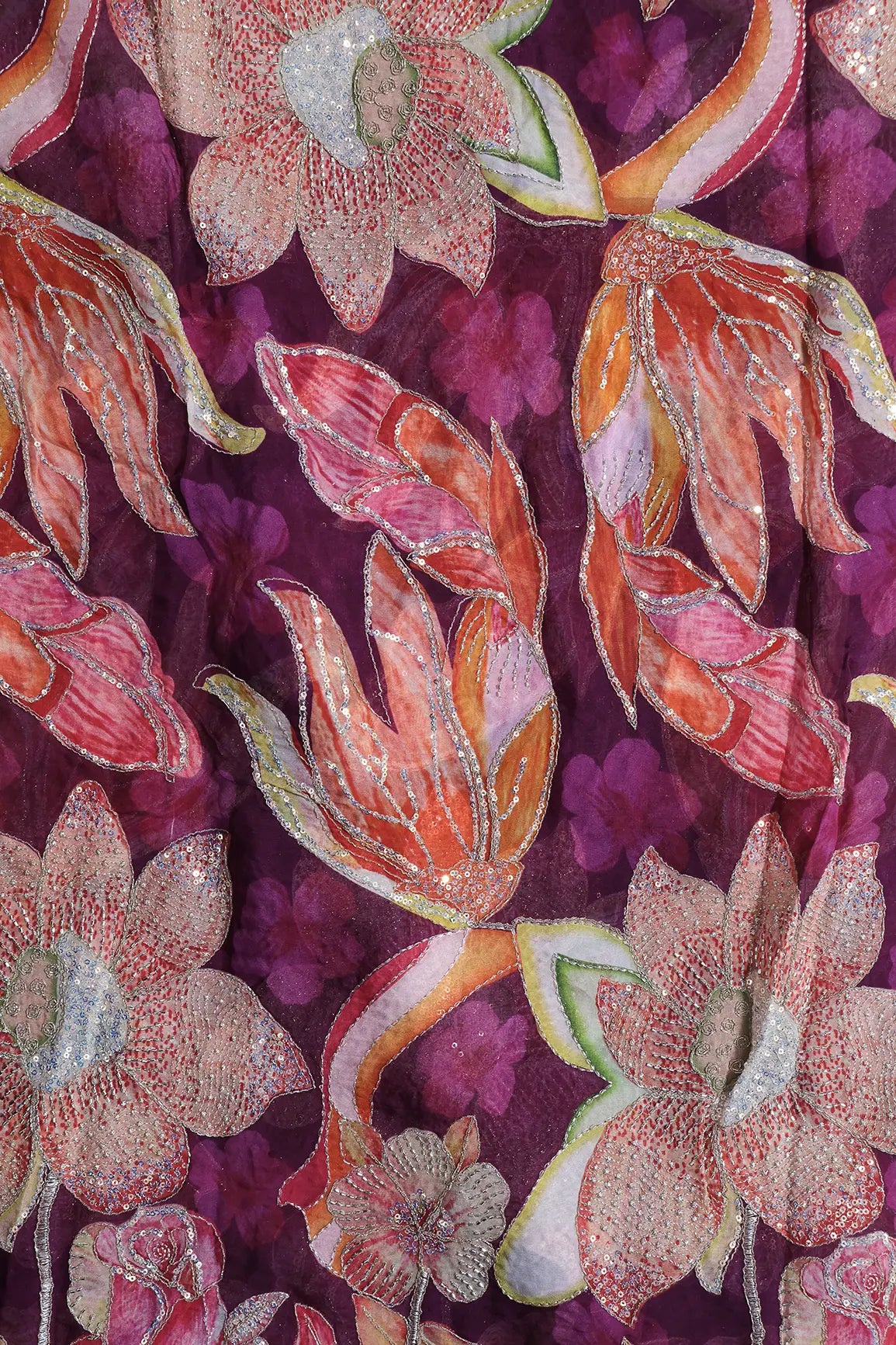 Floral Positional Print On Gold Beads Sequins With Zari Embroidery Work On Wine Viscose Organza Fabric