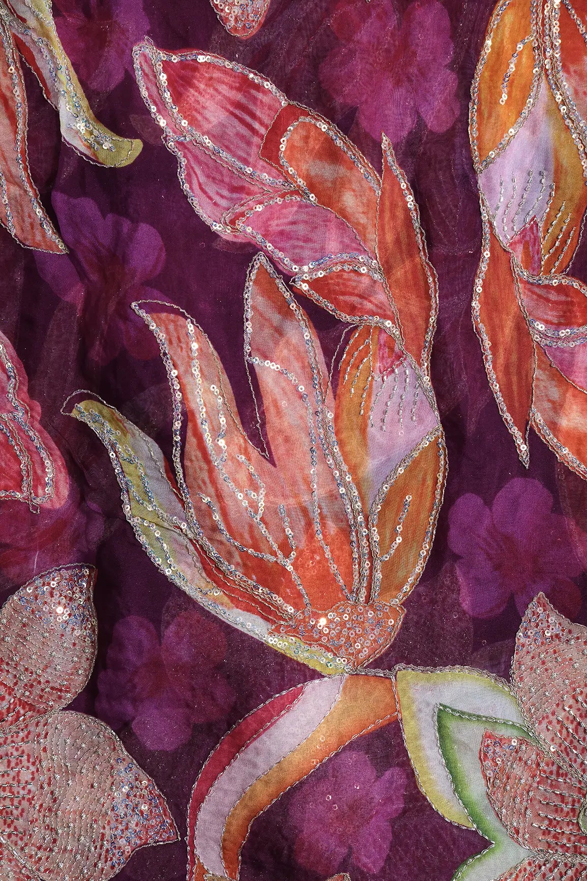 Floral Positional Print On Gold Beads Sequins With Zari Embroidery Work On Wine Viscose Organza Fabric