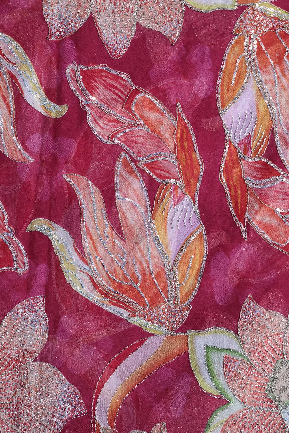 Floral Positional Print On Gold Beads Sequins With Zari Embroidery Work On Rani Viscose Organza Fabric